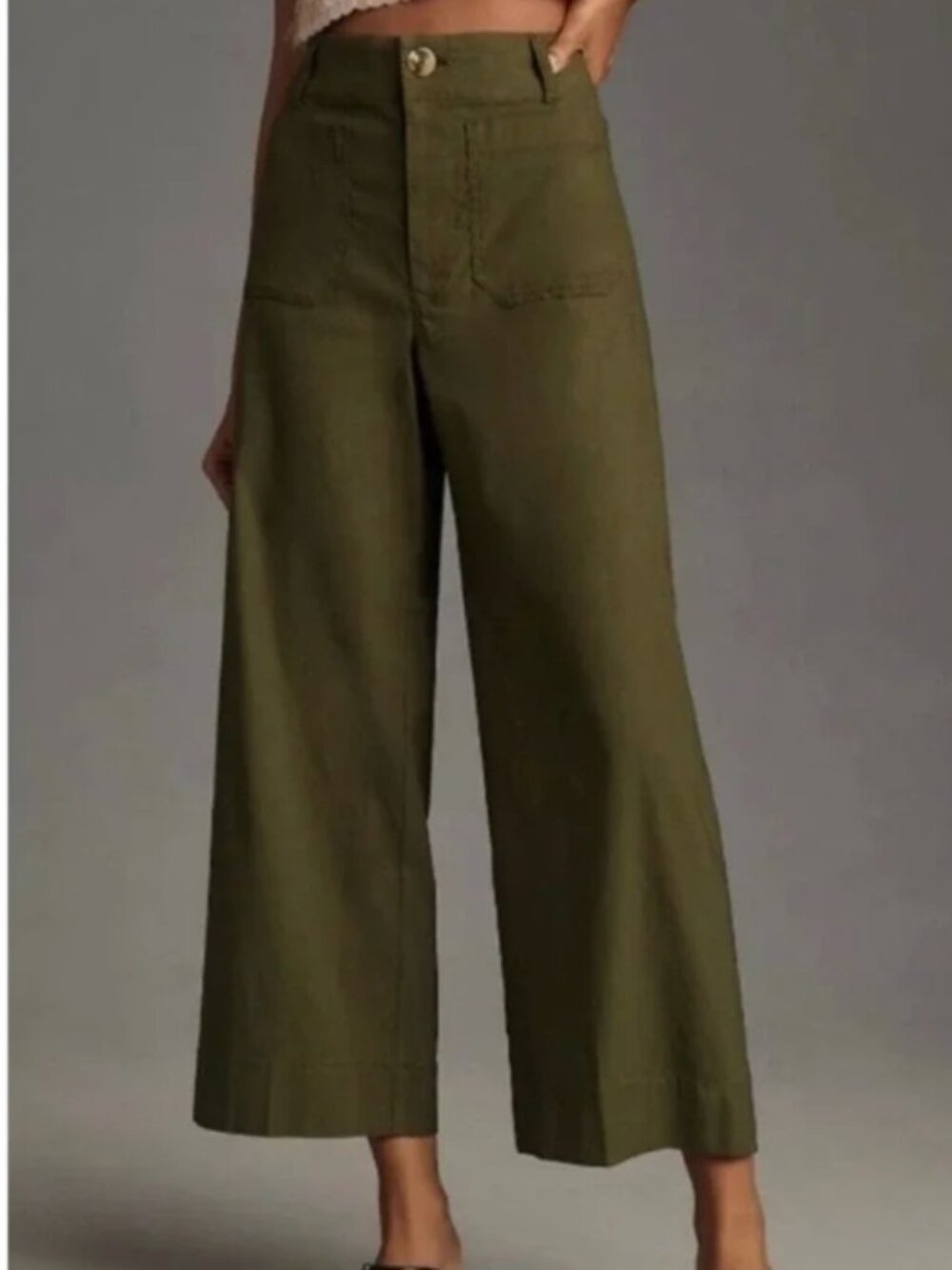 MAEVE x ANTHROPOLOGIE The Colette Crop Wide-Leg Pants in Olive Green Linen Blend